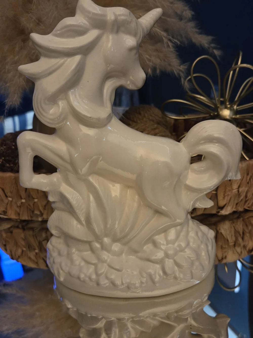 White Ceramic Unicorn Figurine Glossy Fantasy Decor Floral Base Shelf Decor